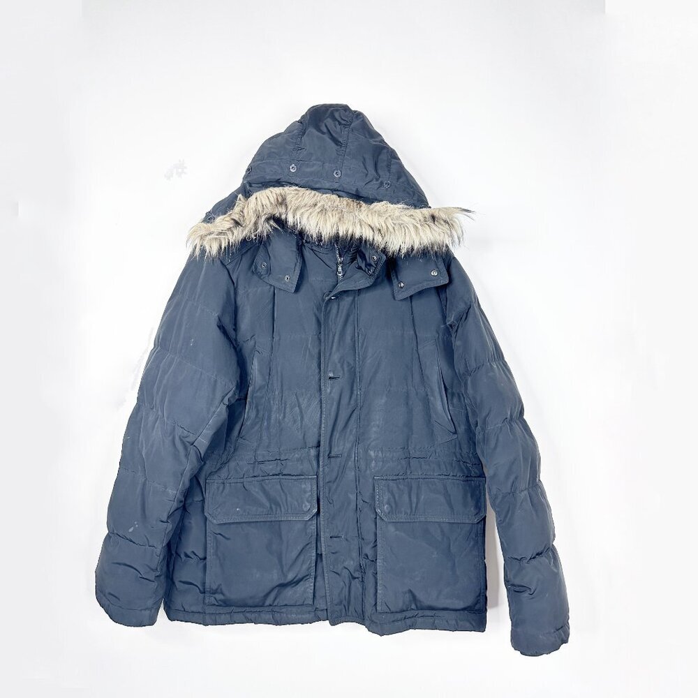 Uniqlo Down Fill Winter Parka Jacket Detachable Faux Fur Hood Navy Blue #A1755 - Picture 2 of 10